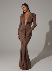 Plung Long Sleeve Ruched Solid Prom Dress MYC2022