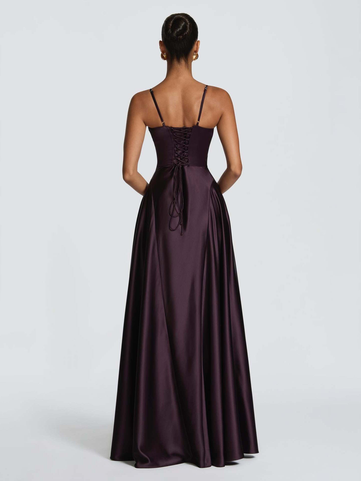 Spaghetti V Neck Satin Flowy Maxi Dress