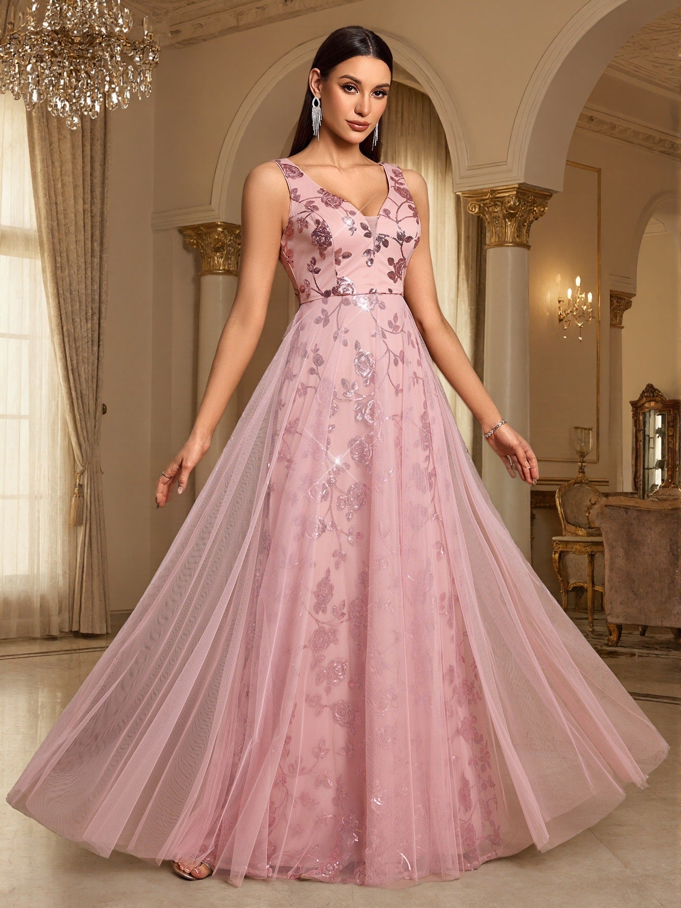 Pink Sequin Floral A-line Formal Dress XF251365