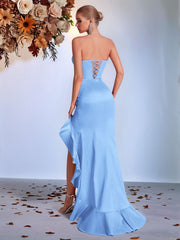 Strapless 3D Flower High Slit Ruffle Prom Dress XF251346