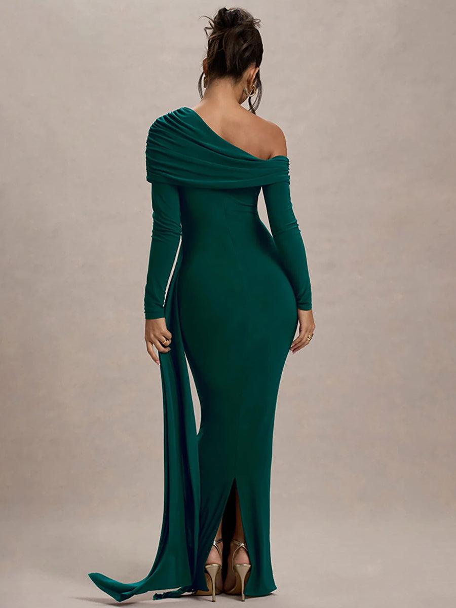 Slash Neck Ribbon Ruched Solid Prom Dress MYC2024