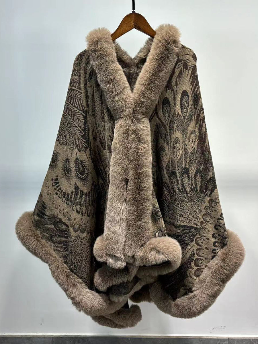 Graphic Elegant Faux Fur Trim Cape Shawl MSF038