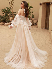 Off Shoulder Puff Sleeve 3D Floral Tulle A-Line Wedding Dress MSW081