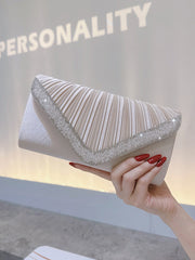Beige Pleated Satin Rhinestone Clutch MNBF124