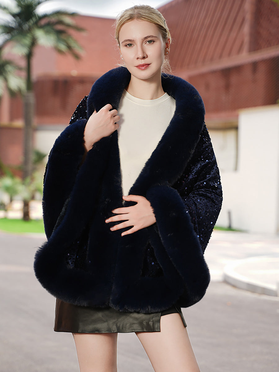 Sequin Solid Elegant Faux Fur Trim Cape Shawl MSF039