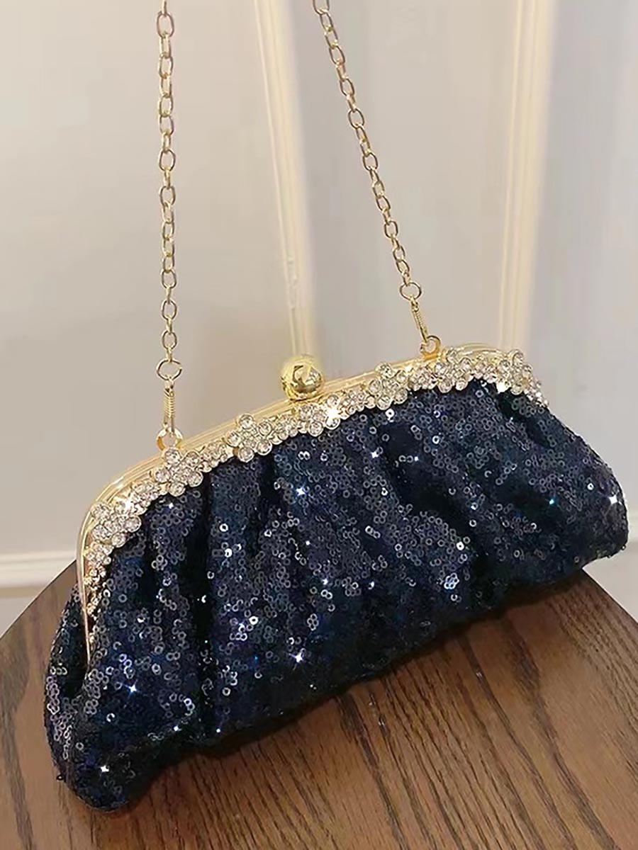 Navy Sequin Rhinestone Trim Ruched Clutch MNBF125