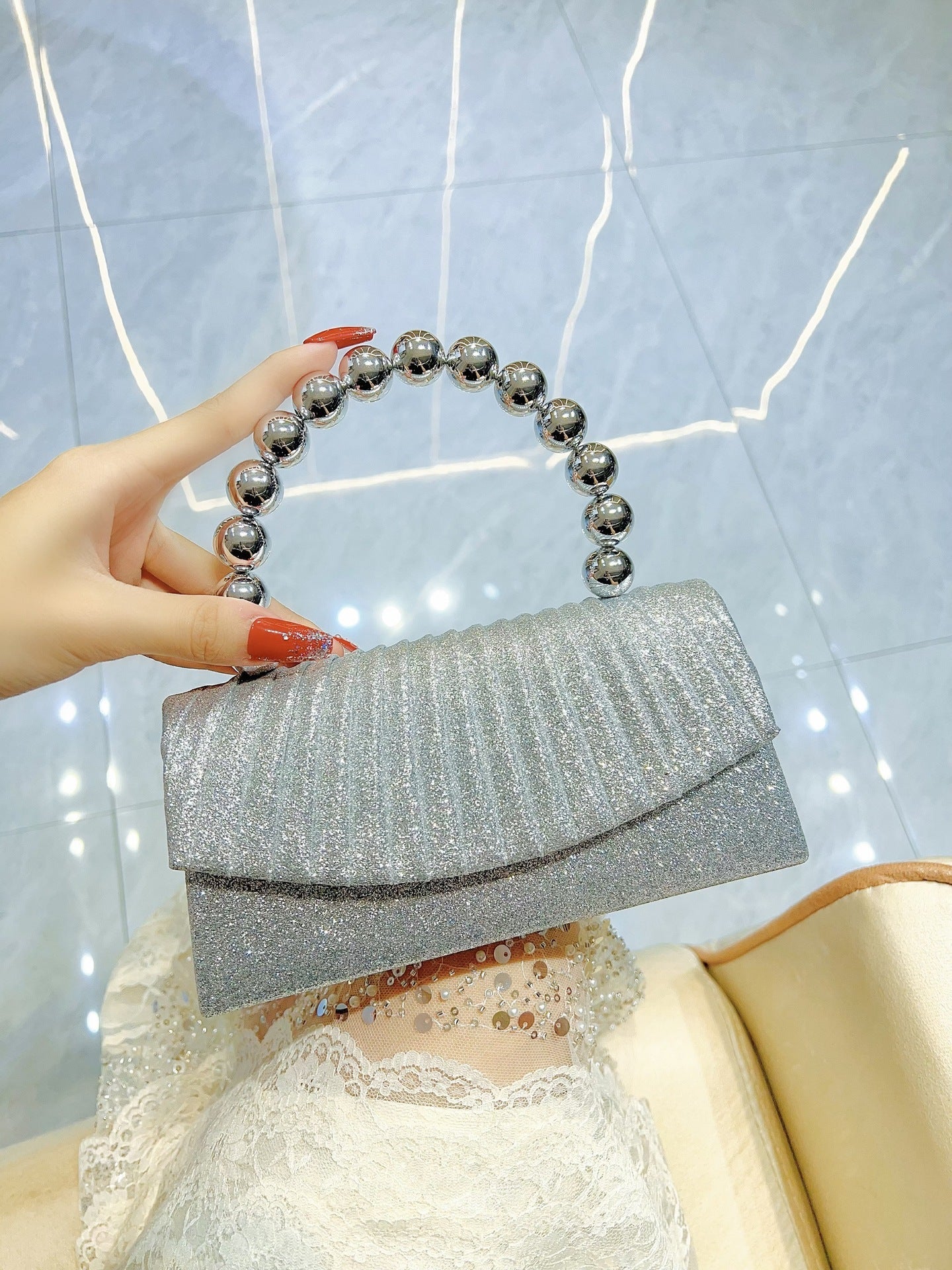 Gold Glitter Pleated Clutch with Beaded Handle MNBF133