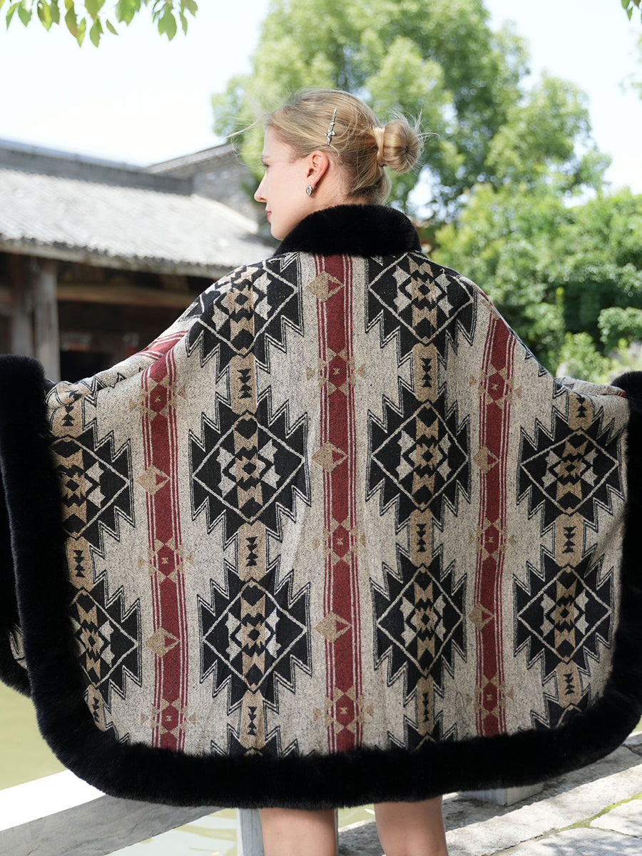 Geometric Faux Fur Trim Cape Shawl MSF034