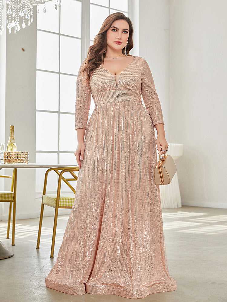 Long Sleeve V-neck Sequin Wedding Guest Dress MYC2040