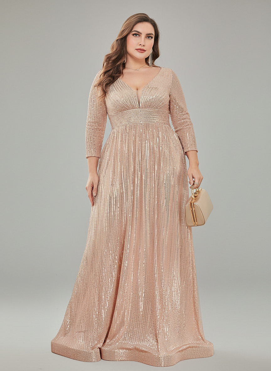 Long Sleeve V-neck Sequin Wedding Guest Dress MYC2040