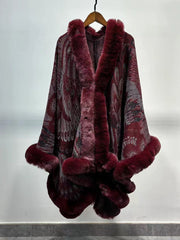 Graphic Elegant Faux Fur Trim Cape Shawl MSF038