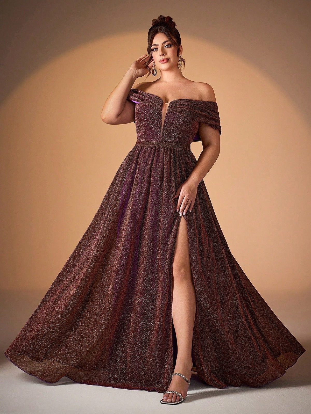 Plus Glitter Off-Shoulder A-Line Slit Evening Dress XF251301