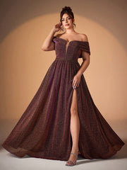 Plus Glitter Off-Shoulder A-Line Slit Evening Dress XF251301