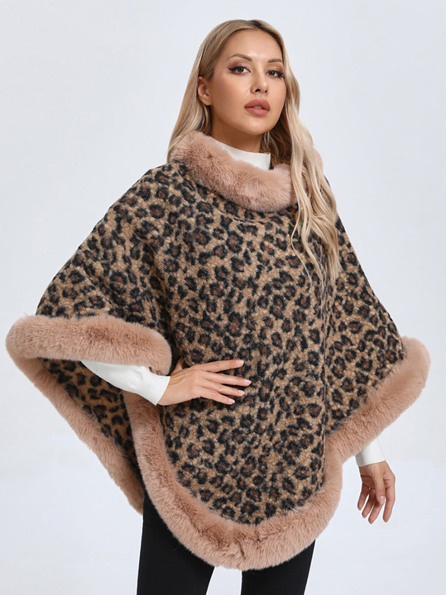 Leopard Print Faux Fur Trim Knitted Poncho Shawl MSF037