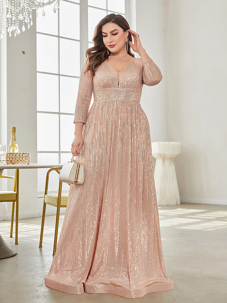 Long Sleeve V-neck Sequin Wedding Guest Dress MYC2040