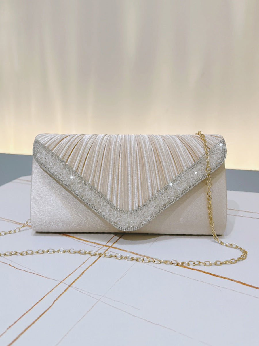 Beige Pleated Satin Rhinestone Clutch MNBF124