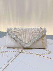 Beige Pleated Satin Rhinestone Clutch MNBF124