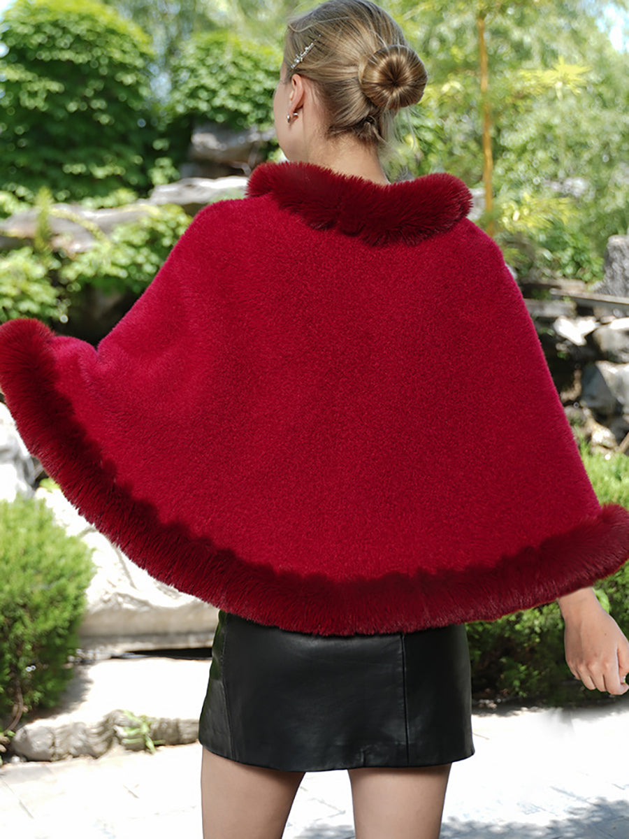 Short Elegant Faux Fur Trim Knitted Poncho Shawl MSF040