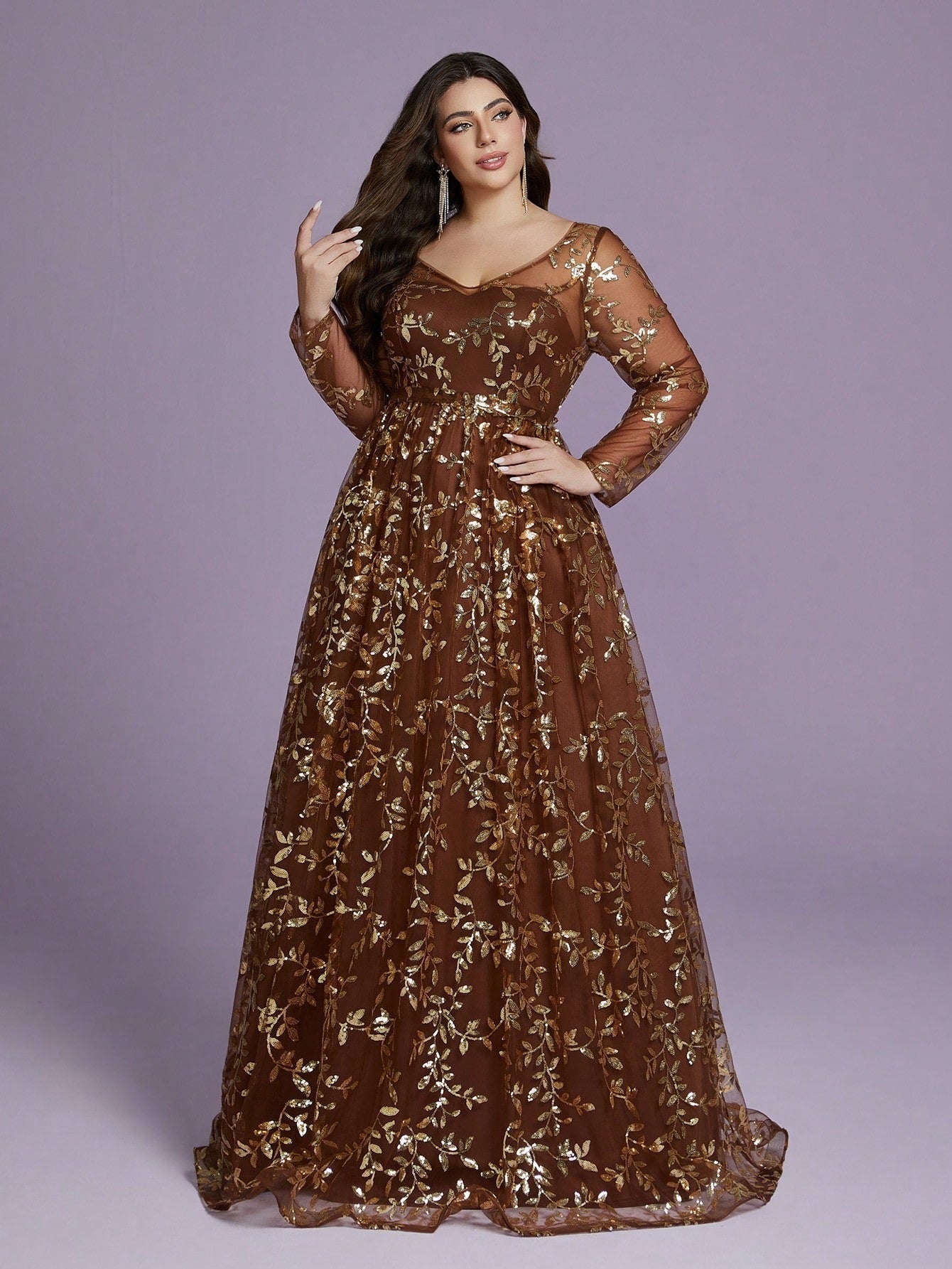 Plus Size Brown Leaf Sequin Long Sleeve Maxi Dress XF251304