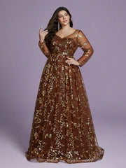 Plus Size Brown Leaf Sequin Long Sleeve Maxi Dress XF251304