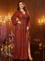 Plus Long Sleeve Sequin Split Formal Dress PGM00627