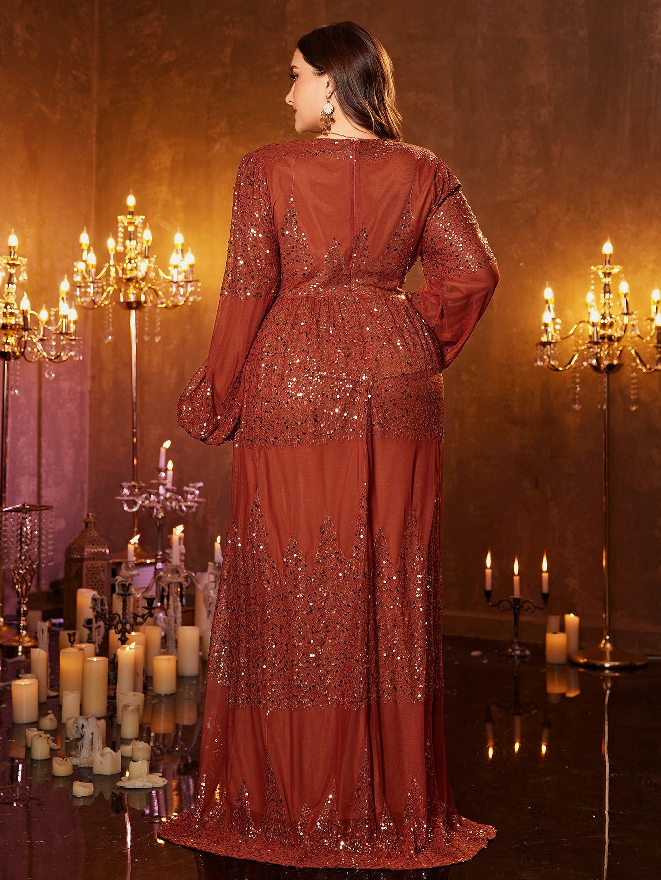 Plus Long Sleeve Sequin Split Formal Dress PGM00627