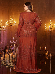 Plus Long Sleeve Sequin Split Formal Dress PGM00627