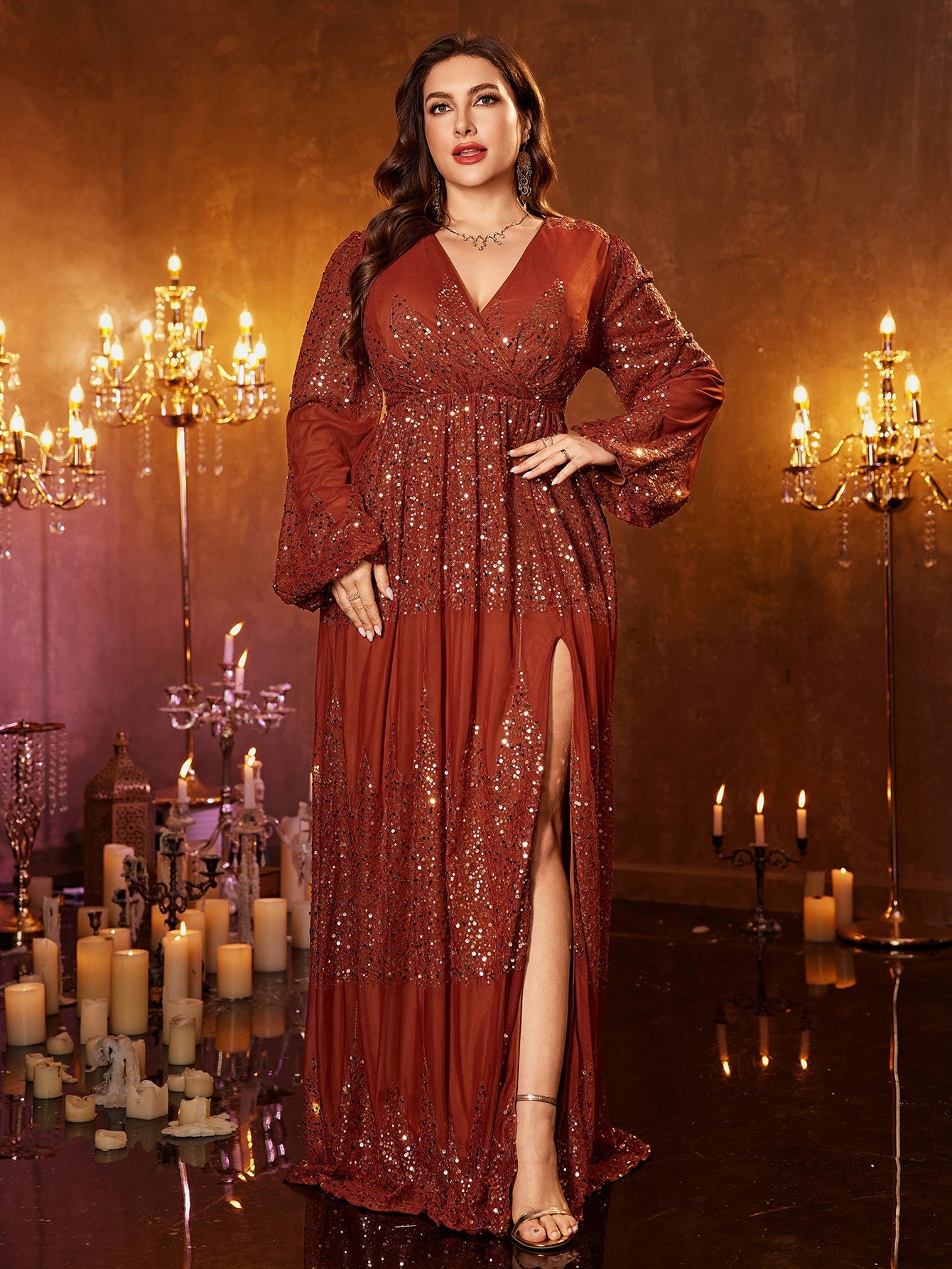 Plus Long Sleeve Sequin Split Formal Dress PGM00627