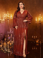 Plus Long Sleeve Sequin Split Formal Dress PGM00627