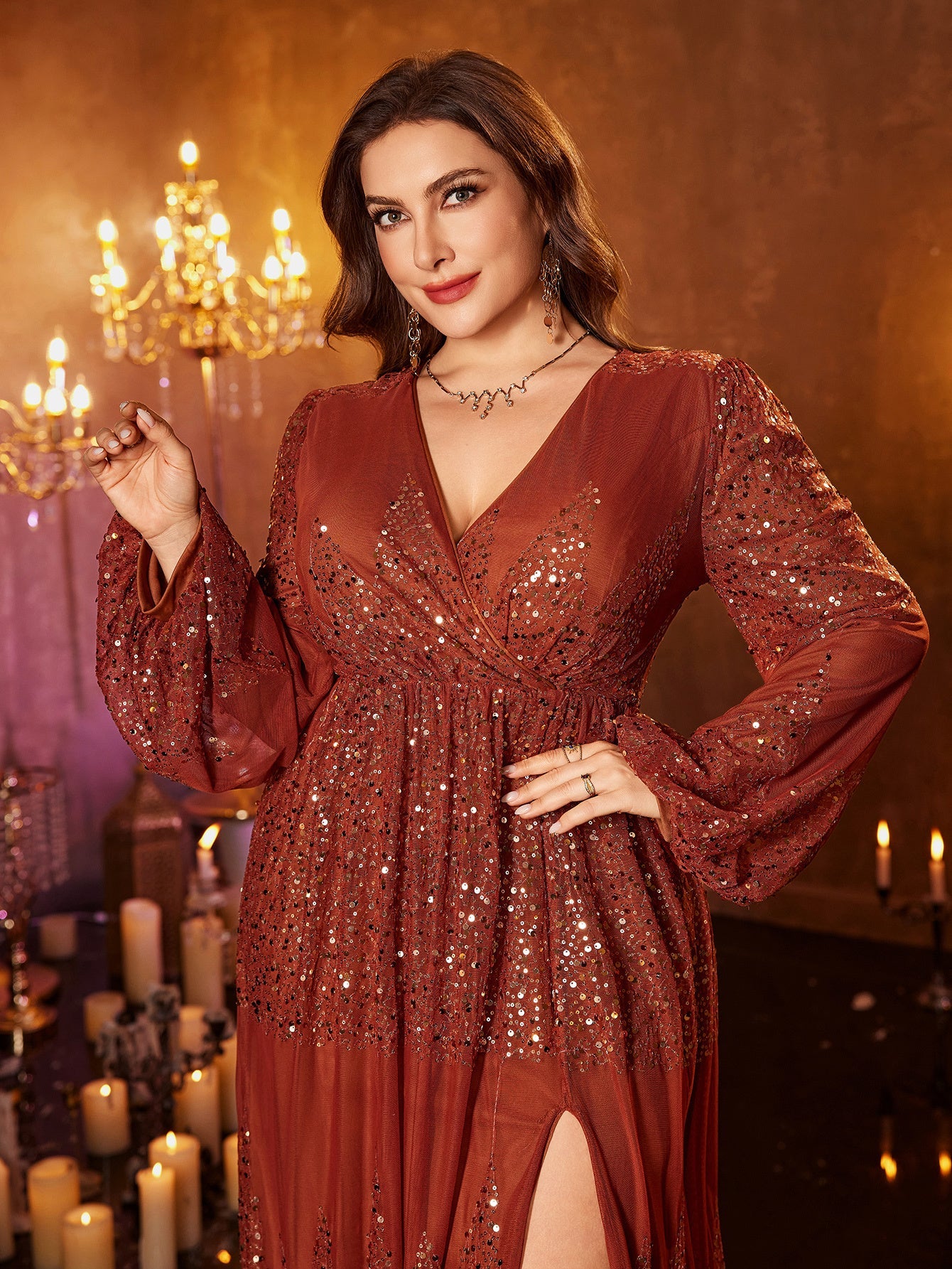 Plus Long Sleeve Sequin Split Formal Dress PGM00627