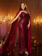 Plus Graphic Cape Sequin Evening Dress PMQ0001