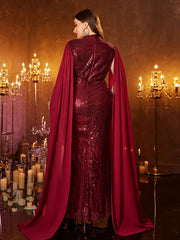 Plus Graphic Cape Sequin Evening Dress PMQ0001