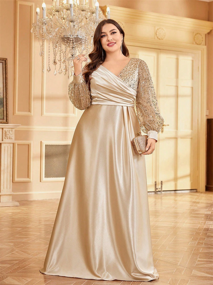 Lindsey Plus Satin Long-Sleeve Prom Dress