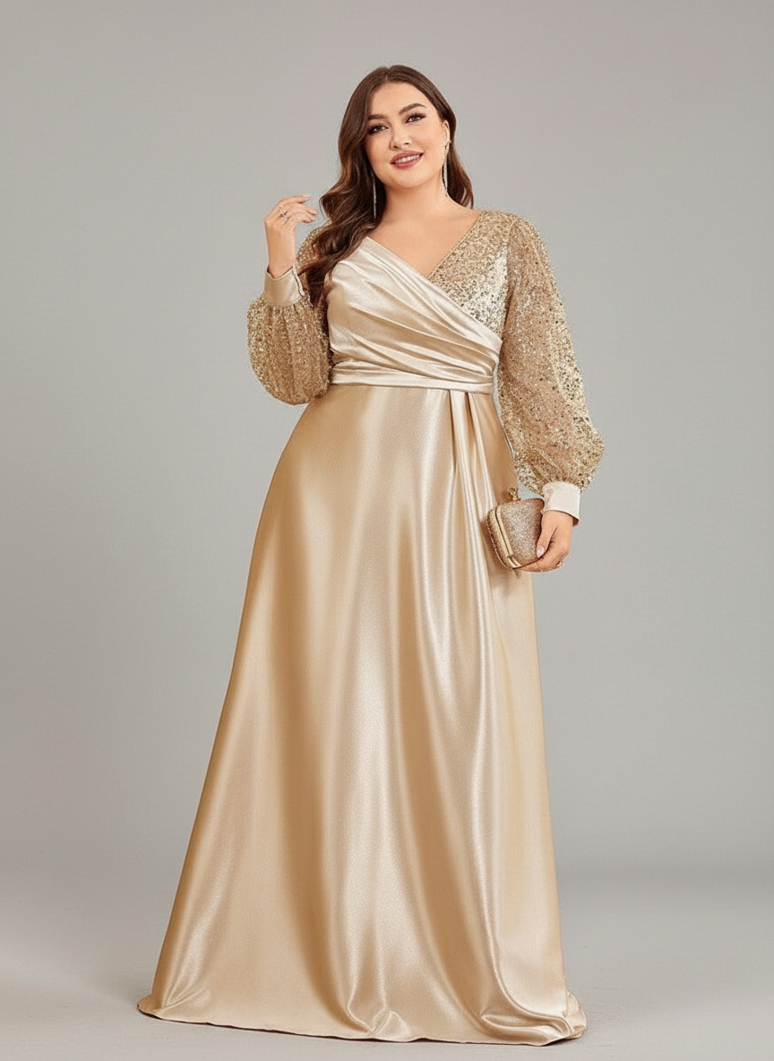 Lindsey Plus Satin Long-Sleeve Prom Dress