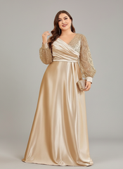 Lindsey Plus Satin Long-Sleeve Prom Dress