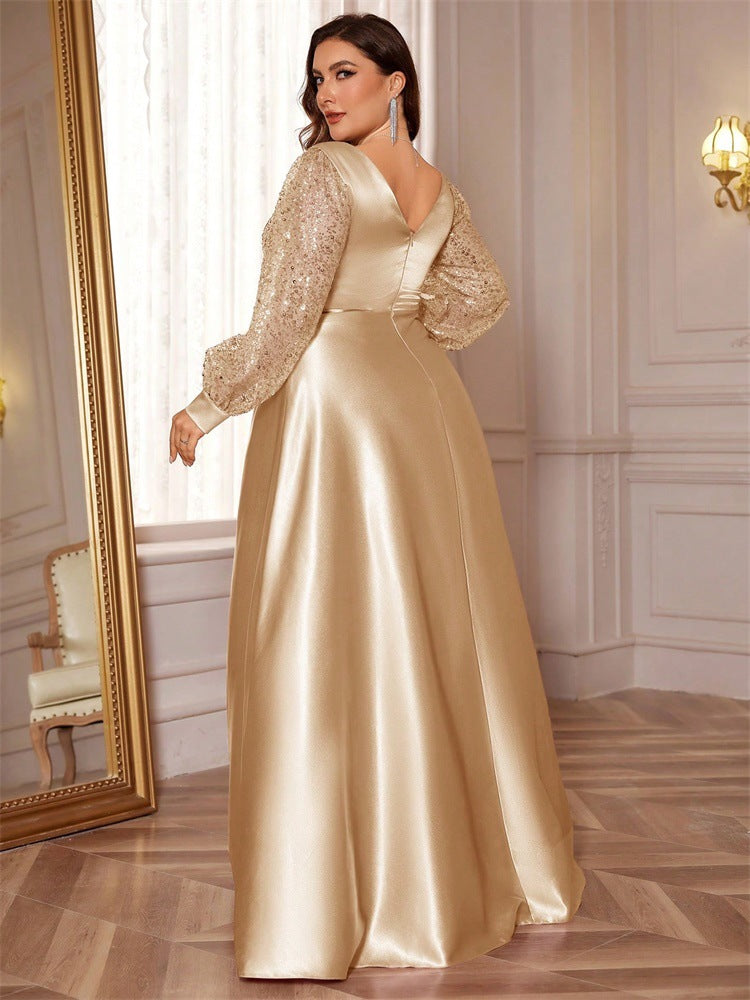 Lindsey Plus Satin Long-Sleeve Prom Dress