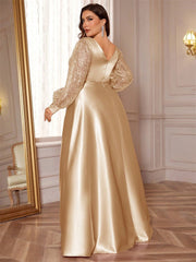 Lindsey Plus Satin Long-Sleeve Prom Dress