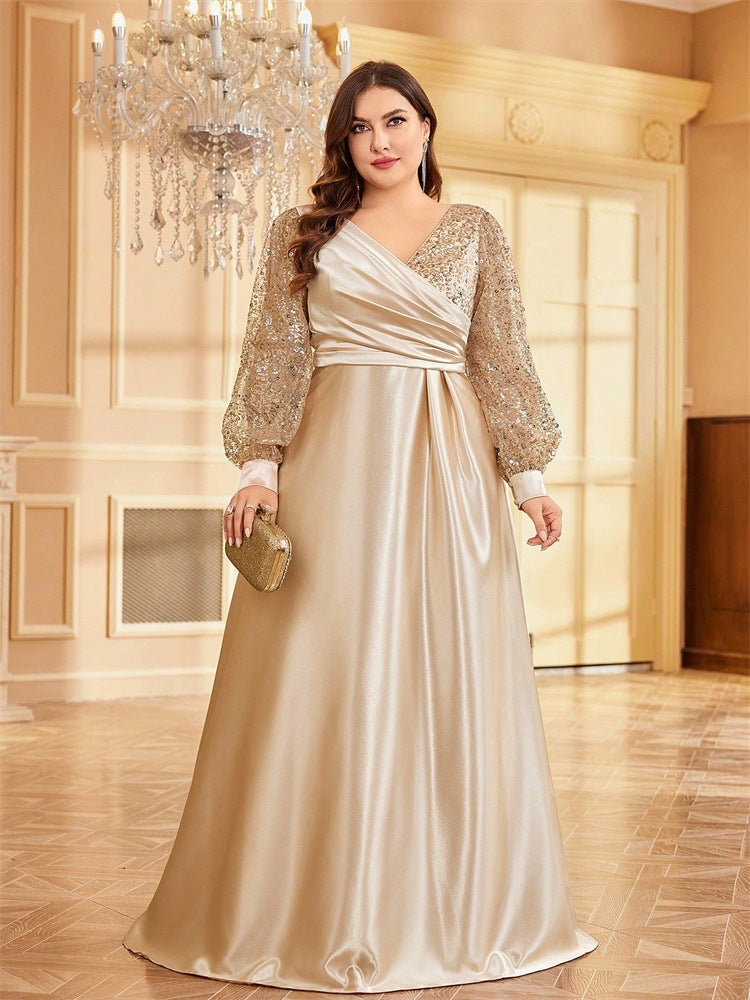Lindsey Plus Satin Long-Sleeve Prom Dress