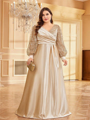 Lindsey Plus Satin Long-Sleeve Prom Dress