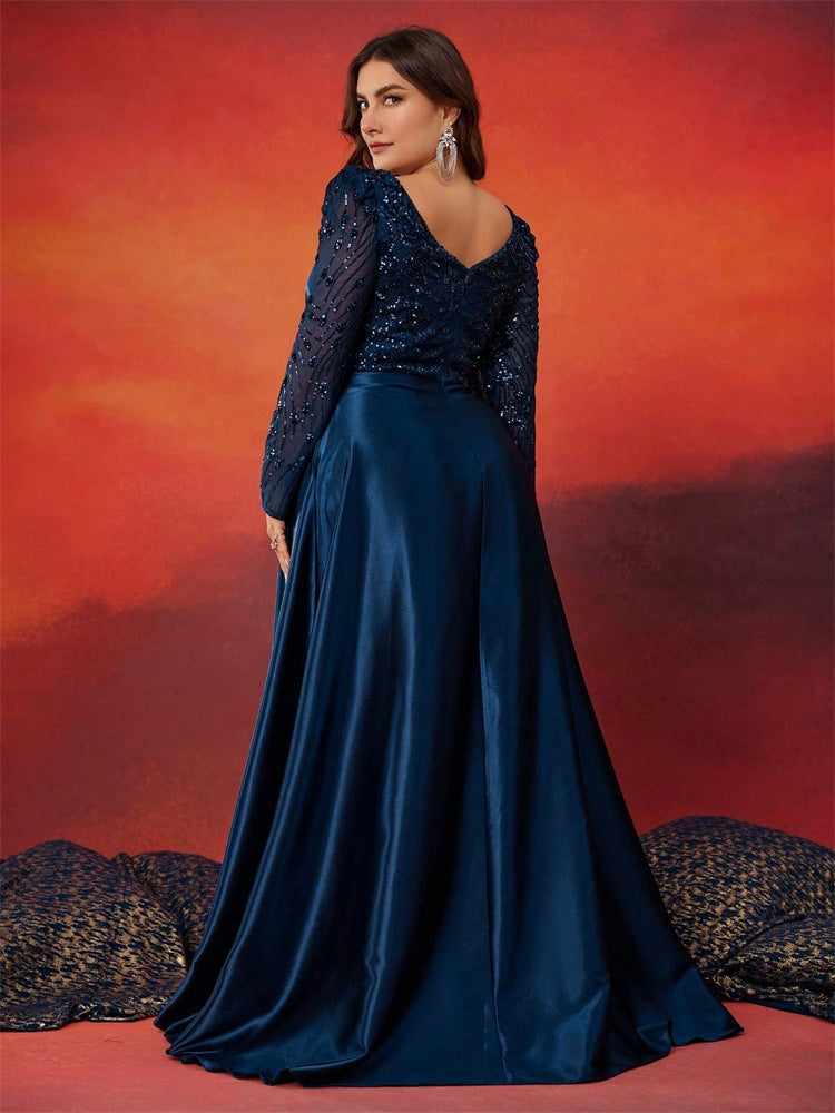 Holly Plus Navy Satin Puff-Sleeve Formal Dress
