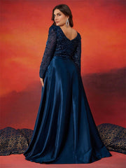 Holly Plus Navy Satin Puff-Sleeve Formal Dress