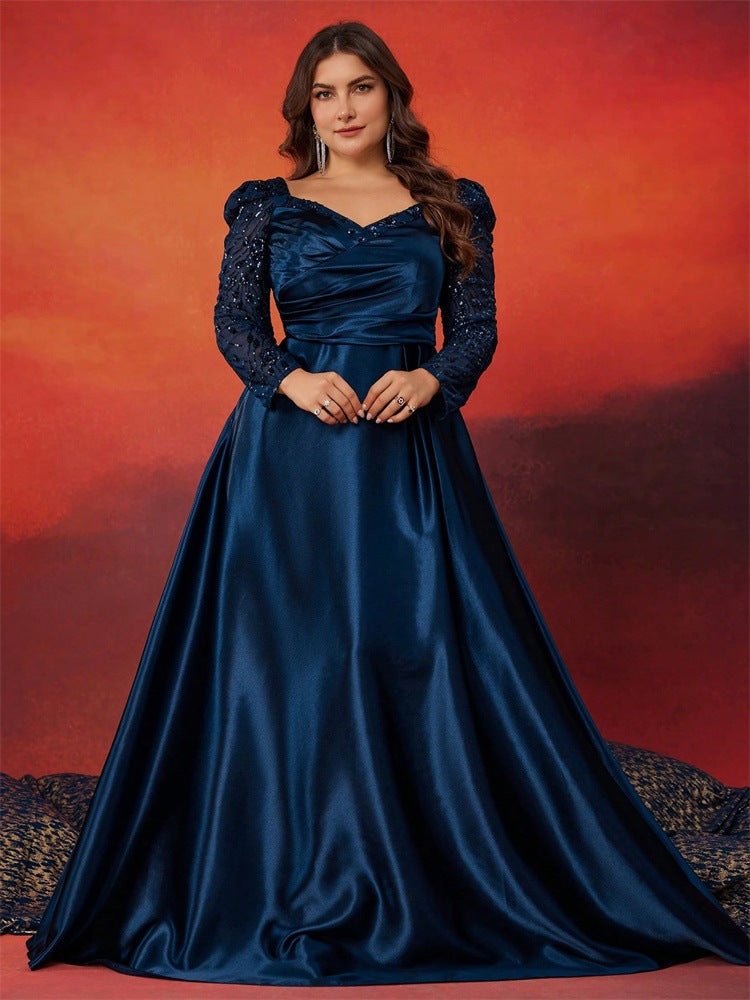 Holly Plus Navy Satin Puff-Sleeve Formal Dress