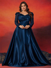Holly Plus Navy Satin Puff-Sleeve Formal Dress