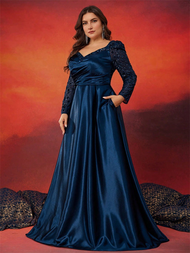 Holly Plus Navy Satin Puff-Sleeve Formal Dress