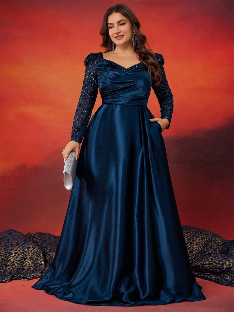 Holly Plus Navy Satin Puff-Sleeve Formal Dress