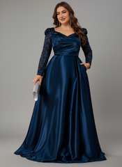 Holly Plus Navy Satin Puff-Sleeve Formal Dress