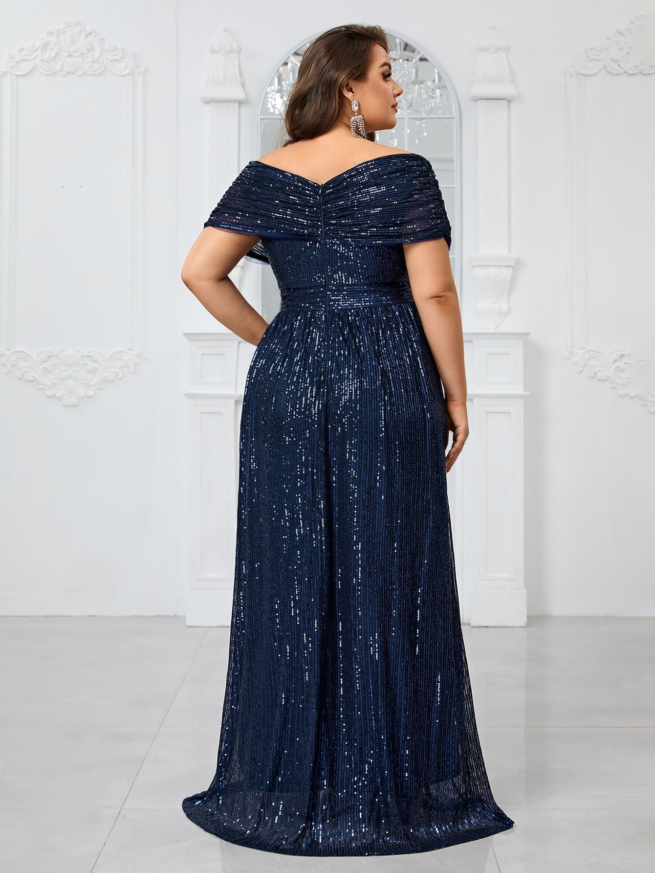 Elena Plus Navy Draped-Sleeve Formal Dress
