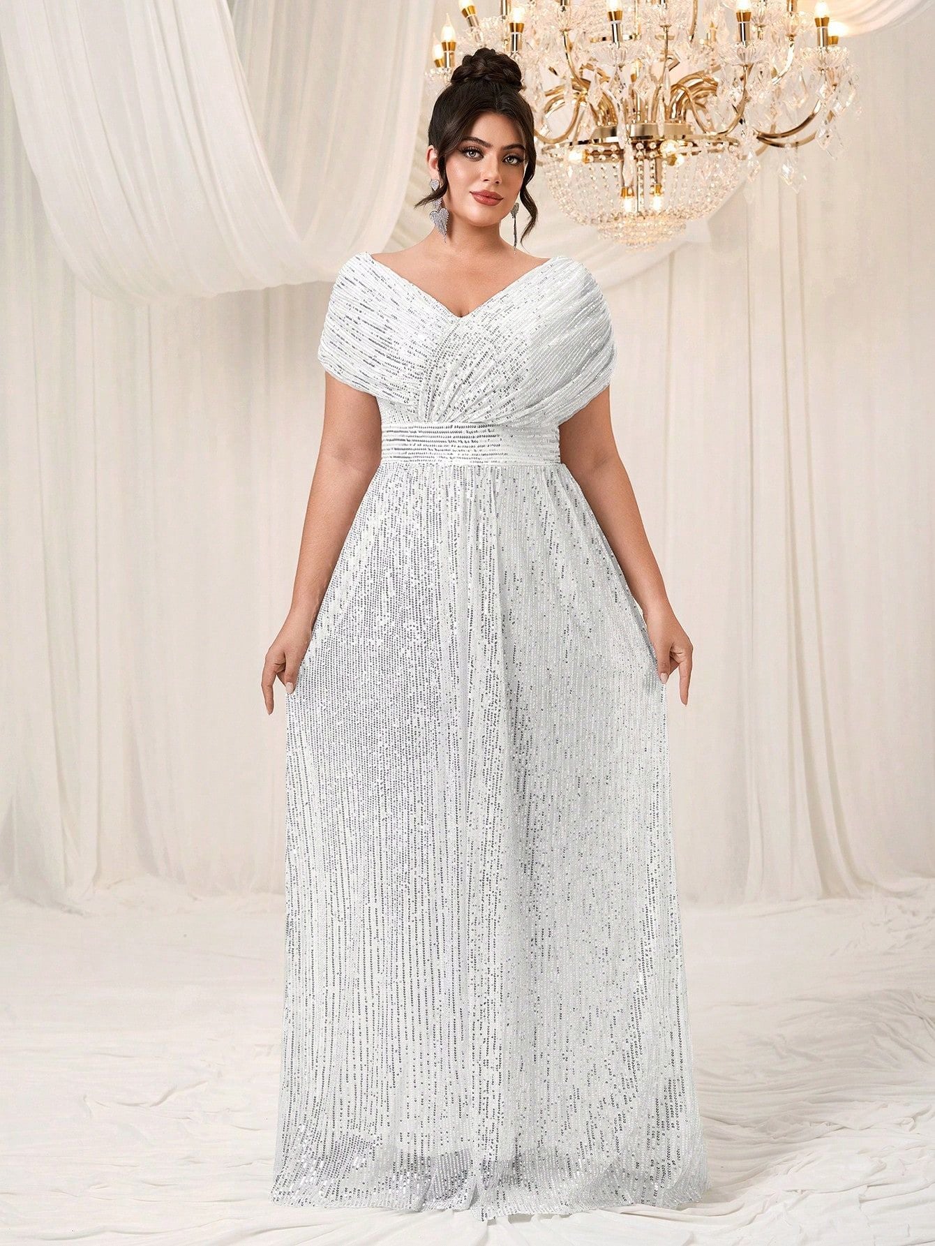 Elena Plus Navy Draped-Sleeve Formal Dress