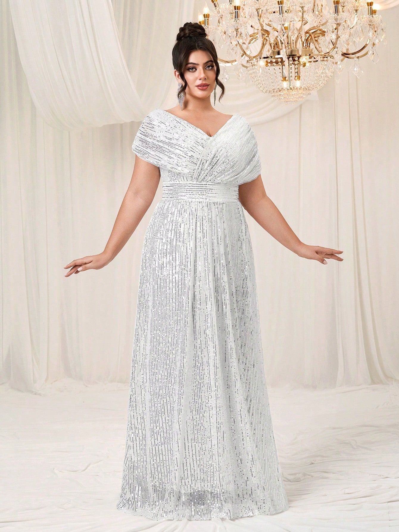 Elena Plus Navy Draped-Sleeve Formal Dress