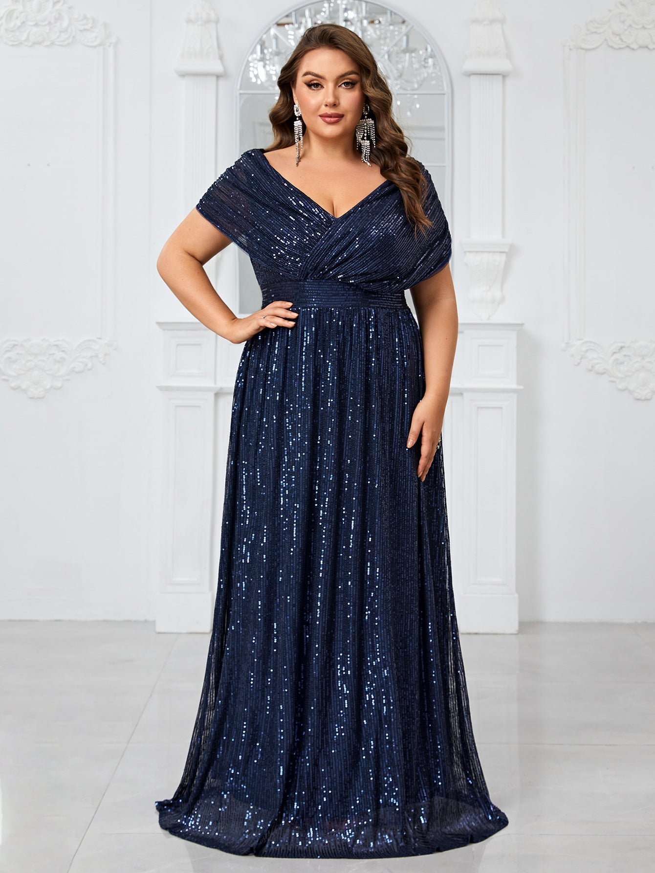 Elena Plus Navy Draped-Sleeve Formal Dress